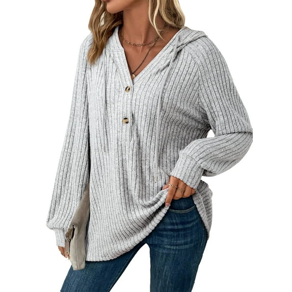 Eytino Women’s Sweatshirt Hoodies for Women Casual Long Sleeve V Neck Lightweight Knit Loose Drawstring Workout Fall Tops Gray S-2XL