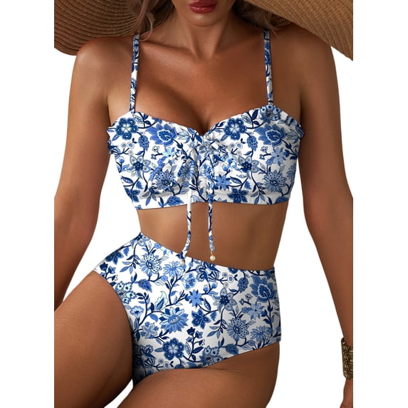 Eytino Women's Swimsuit Floral Print High Waisted Bikini Sets for Women Lace Up Front 2 Piece Swimsuit Ruched Ruffle Trim Bathing Suit XS