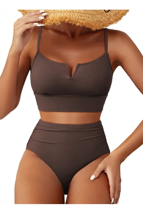 Women's Swimsuits 2026 High Waisted Bikini Sets for Women Tummy Control Two Piece Bathing Suit Dark Brown L