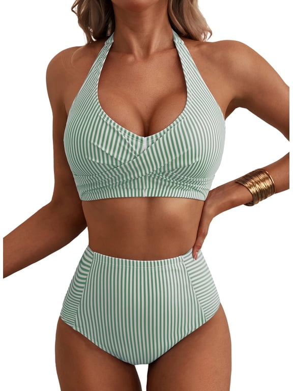 Women's Swimsuits Vintage Halter 2 Piece Striped Bikini Set High Waisted Bathing Suits with Patch Pocket, Green, S