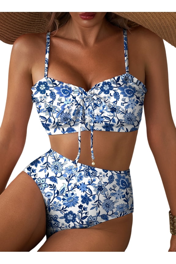 Women's Swimwear Floral Print High Waisted Bikini Sets Lace Up Front 2 Piece Swimsuits Ruched Ruffle Trim Bathing Suit 2XL