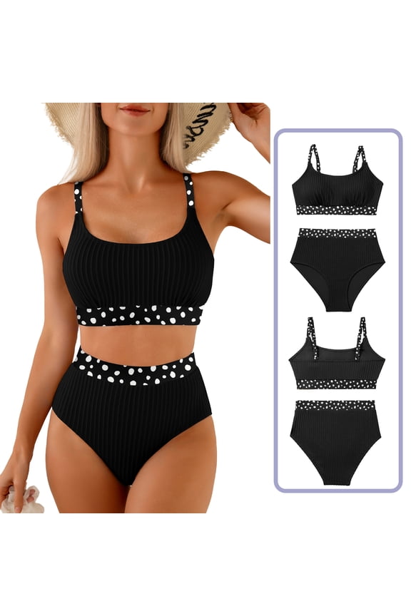 Women's Textured Bikini Set High Waisted Bathing Suits for Women Scoop Neck Swimsuit with Floral Print Trim Black XL