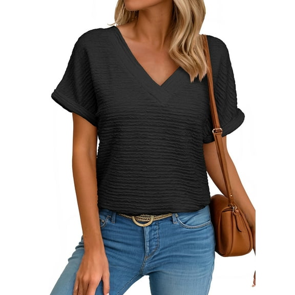 Eytino Women’s Tops Cap Short Sleeve Textured Tops Summer Dressy Casual Loose V Neck Solid Basic Workout Tee Shirts Blouses Black S-2XL