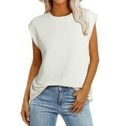 EYTINO Women’s Tops Cap Short Sleeve Textured Tops Summer Dressy Casual Loose Crewneck Solid Basic Workout Tee Shirts Blouses White S-2XL