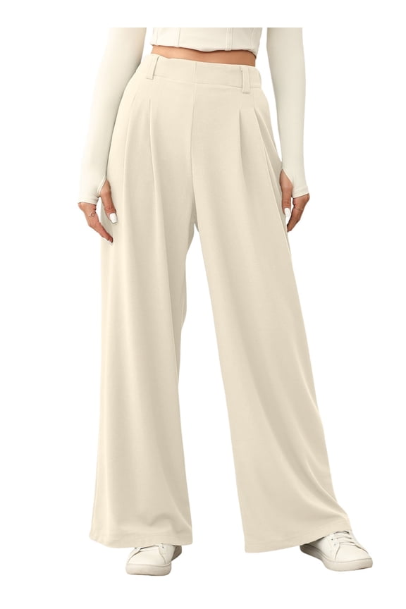 Women's Wide Leg Pants Elastic High Waisted Waffle Knit Casual Palazzo Pants Trousers with Pockets Beige M