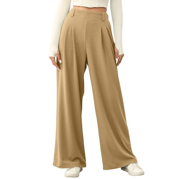 Eytino Women's Wide Leg Pants Elastic High Waisted Waffle Knit Casual Palazzo Pants Trousers with Pockets Tan L