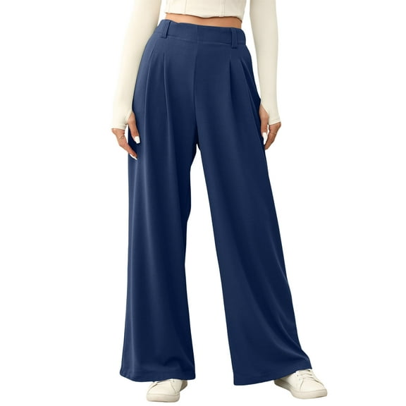 Eytino Women's Wide Leg Pants High Waisted Waffle Knit Casual Slacks Work Pants Business Palazzo Trousers with Pockets Navy Blue L
