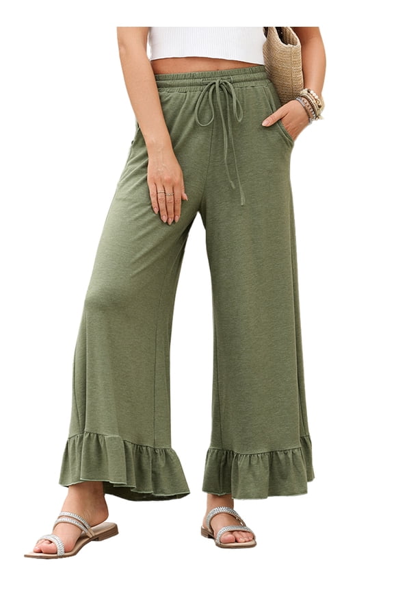 Women's Wide Leg Trousers Casual Drawstring Elastic High Waisted Ruffle Hem Palazzo Pants with Pockets