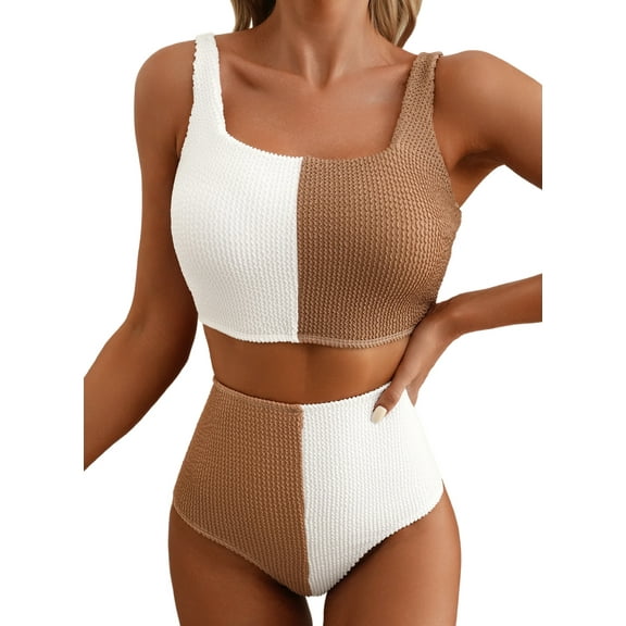 Eytino Womens 2 Piece Swimsuit Color Block Bikini Set High Waisted Bathing Suit 2025 Summer Beach Scrunch Square Neck Swim Suit Swimwear White Brown 2XL