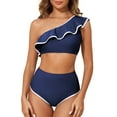 thumbnail image 1 of Eytino Womens 2 Piece Swimsuits One Shoulder Bikini Set High Waisted Bathing Suits for Women Color Block Trim Ruffle Hem Swimsuits Swimwear Navy Blue XL, 1 of 8