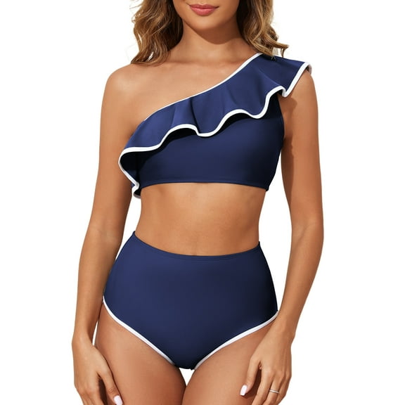 Eytino Womens 2 Piece Swimsuits One Shoulder Bikini Set High Waisted Bathing Suits for Women Color Block Trim Ruffle Hem Swimsuits Swimwear Navy Blue XL