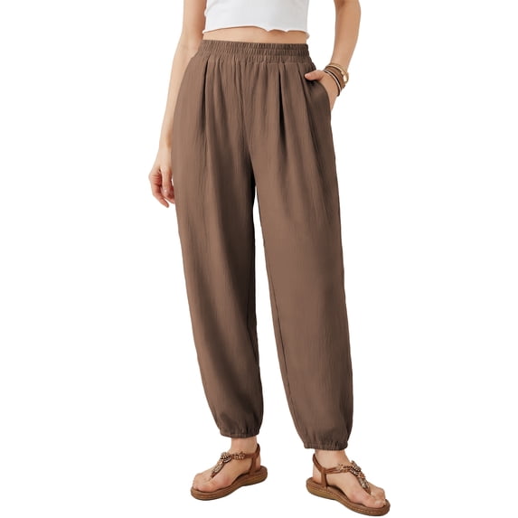 Eytino Womens Baggy Barrel Pants Casual Elastic High Waisted Lounge Boho Harem Trousers with Pockets