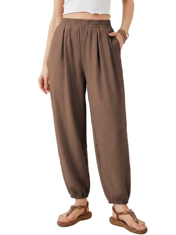 Womens Baggy Barrel Pants Casual Elastic High Waisted Lounge Boho Harem Trousers with Pockets