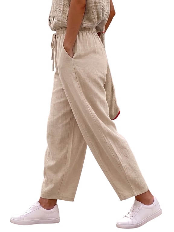 Womens Baggy Wide Leg Pants Casual Elastic Waisted Palazzo Harem Pants Drawstring Pants with Pockets Medium Apricot S
