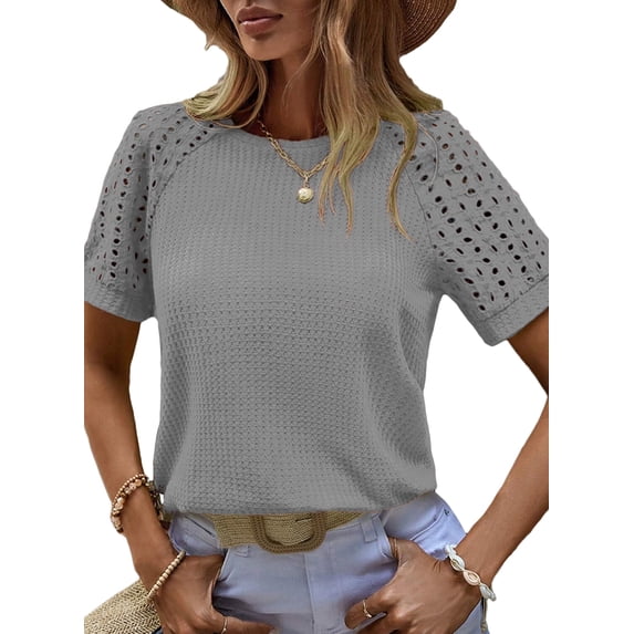 Eytino Womens Basic Tops Waffle Knit Tops Casual Crew Neck Tee Shirts Hollow Out Raglan Short Sleeve Summer T-Shirts Basic Tees S-2XL Gray