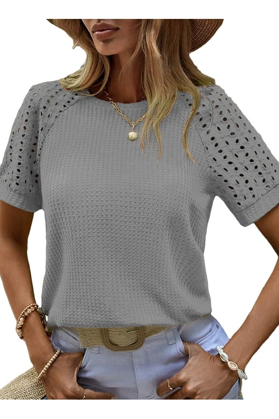Womens Basic Tops Waffle Knit Tops Casual Crew Neck Tee Shirts Hollow Out Raglan Short Sleeve Summer T-Shirts Basic Tees S-2XL Gray