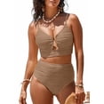 thumbnail image 1 of Eytino Womens Bathing Suit High Waisted Bikini Sets Tummy Control Swimsuits V Neck Cutout Swim Suits Textured Ruched Two Piece Bathing Suit Swimwear Brown S-2XL, 1 of 11