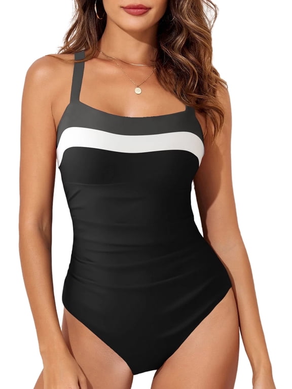 Womens Bathing Suit One Piece Swimsuit Tummy Control Slimming Athletic Bathing Suits Color Block 1 Piece Swim Suit Swimwear Black S-2XL