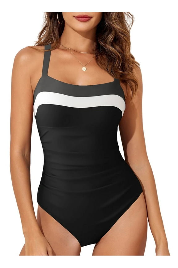 Womens Bathing Suit One Piece Swimsuit Tummy Control Slimming Athletic Bathing Suits Color Block 1 Piece Swim Suit Swimwear Black S-2XL