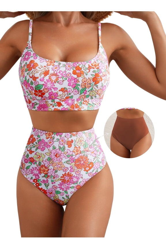 Womens Bathing Suits High Waisted Bikini Sets Tummy Control Color Block Two Piece Swimming Suits Swim Top with Reversible Bottom Swimwear Pink