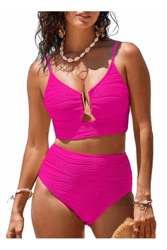 Womens Bathing Suits High Waisted Bikini Sets Tummy Control Swimsuits Textured Ruched V Neck Cutout Two Piece Swimming Suits Swimwear Pink S-2XL