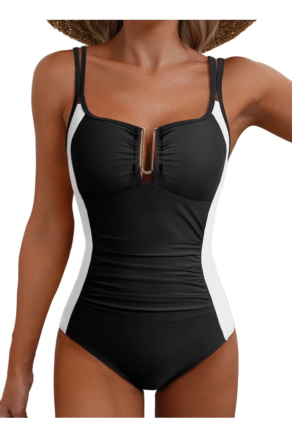 Womens Bathing Suits Tummy Control One Piece Swimsuits Ruched Slimming U-Wire Cutout Swim Suit Swimwear