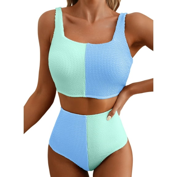 Eytino Womens Bikini Swimsuits 2 Piece Swimsuit for Women Color Block Scrunch Square Neck High Waisted Bathing Suits 2025 Summer Beach Swimwear Blue Color Block L