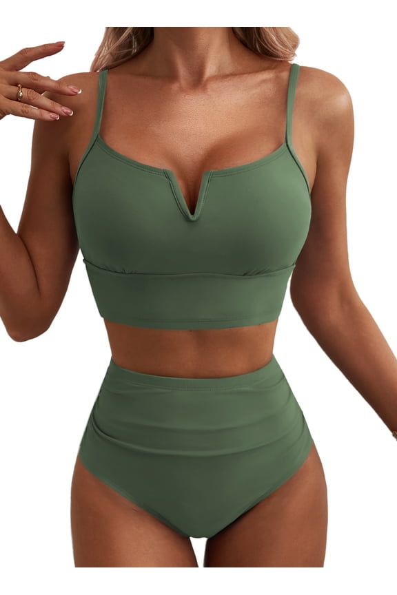Womens Bikini Swimsuits High Waisted Bathing Suits for Women V Wire Two Piece Swimsuits 2026 Tummy Control Swim Suits Mist Green XS