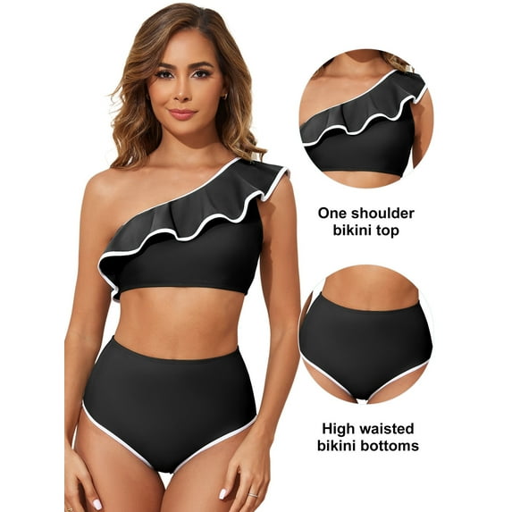 Eytino Womens Bikini Swimsuits One Shoulder Bikini Sets for Women Bathing Suits Color Block Trim Ruffle Hem Swimsuits 2025 Summer Beach Swimwear Black S