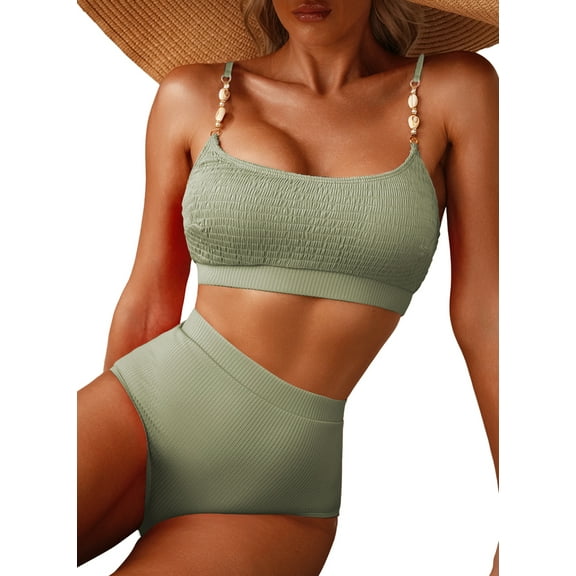 Eytino Womens Bikini Swimsuits Shirred Solid Color High Waisted Bathing Suits for Women Two Piece Swimsuit Shell Strap Bikini Set Sexy Swimwear 2025 Summer Swim Suit Green S