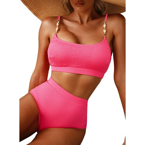 Eytino Womens Bikini Two Piece Swimsuit for Women Shirred Solid Color High Waisted Bathing Suits for Women Shell Strap Bikini Set 2025 Summer Swim Suit Rose Red S