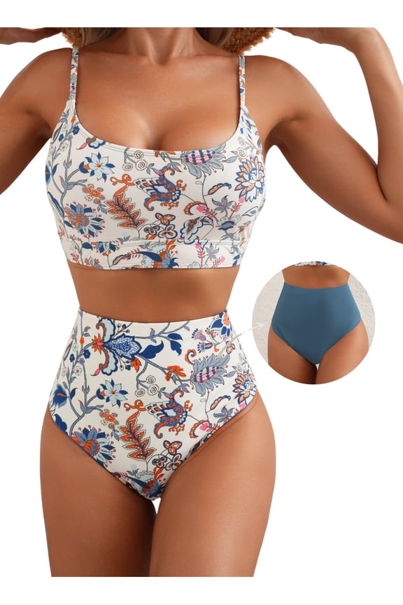 Womens Bikini Womens High Waisted Bikini Sets Color Block Swimsuit Tummy Control Swim Suits 2 Piece Bathing Suits Swim Top with Reversible Bottom Blue