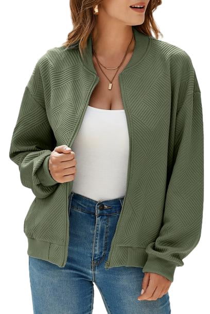 Eytino Womens Bomber Jacket Womens Jackets Coat Casual Long Sleeve Stand Collar Zip Up Lightweight Fall Jackets with Pockets Green