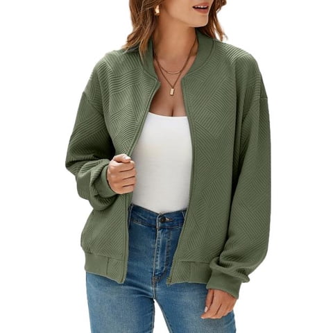 Womens Bomber Jacket Womens Jackets Coat Casual Long Sleeve Stand Collar Zip Up Lightweight Fall Jackets with Pockets Green