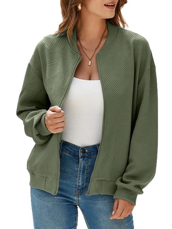 Womens Bomber Jacket Womens Jackets Coat Casual Long Sleeve Stand Collar Zip Up Lightweight Fall Jackets with Pockets Green