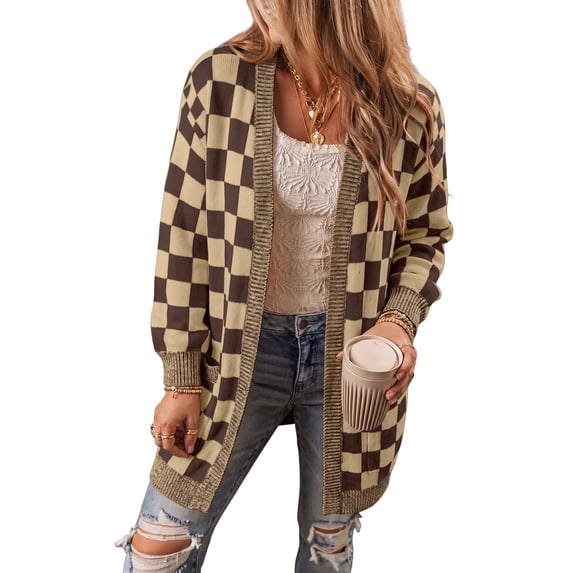 Eytino Womens Cardigans Open Front Oversized Long Sleeve Knit Sweaters Plaid Color Block Outwear