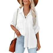 Eytino Womens Casual Roll up Sleeve Blouse Top Button Down Tunic Shirts with Pocket