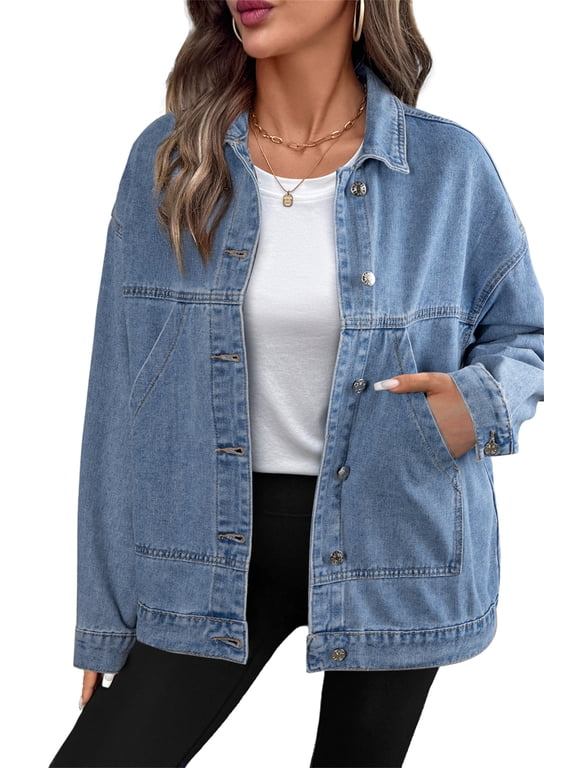 Womens Denim Jacket Oversized Jean Jacket Casual Long Sleeve Drop Shoulder Button Front Jean Jacket Coat with Pockets