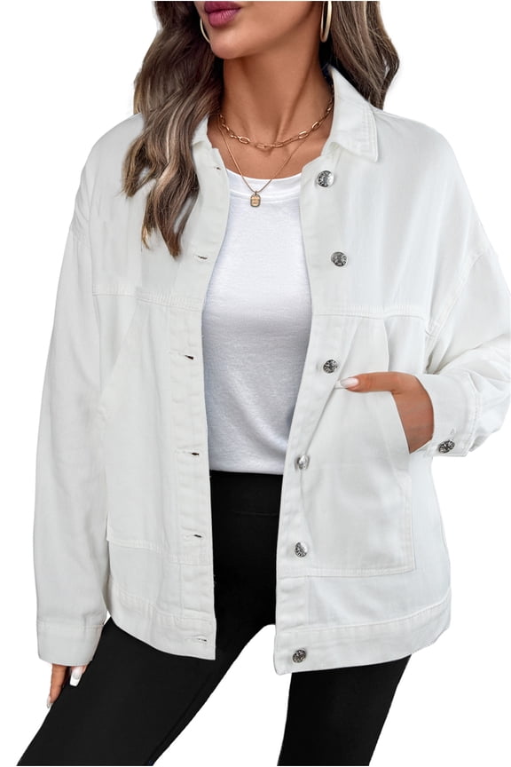 Womens Denim Jacket Oversized Jean Jacket Casual Long Sleeve Drop Shoulder Button Front Jean Jacket Coat with Pockets