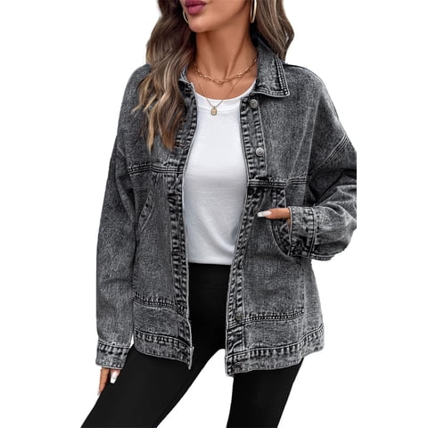 Womens Denim Jacket Oversized Jean Jacket Casual Long Sleeve Drop Shoulder Button Front Jean Jacket Coat with Pockets
