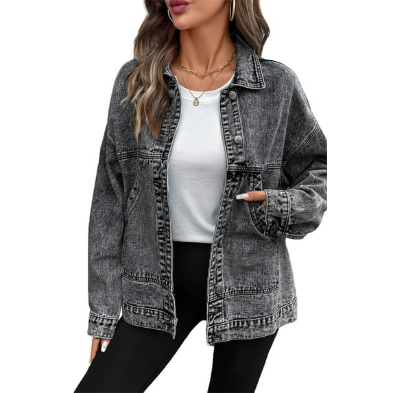 Eytino Womens Denim Jacket Oversized Jean Jacket Casual Long Sleeve Drop Shoulder Button Front Jean Jacket Coat with Pockets