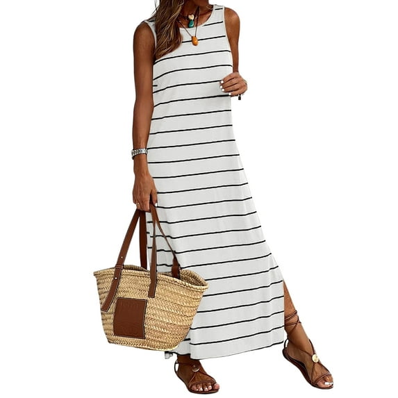 Eytino Holiday Dresses Summer Striped Dress Sleeveless Round Neck Racerback Color Side Slit Casual Maxi Beach Dress White S-2XL