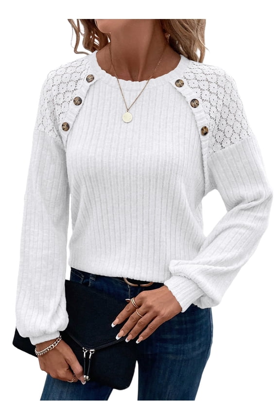 Women's Long-Sleeve Lightweight Crewneck Sweater Trendy Lace Raglan Sleeve Button Blouses Fall Tunic Tops White L