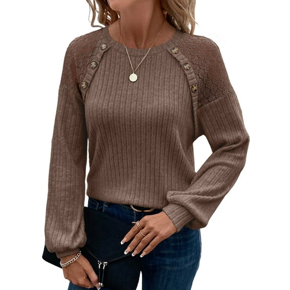 Eytino Womens Sweaters Casual Crew Neck Dressy Shirt Lace Patchwork Blouses Fall Sweaters for Women 2025 Lightweight Long Sleeve Loose Knit Pullover Tops Dark Khaki S