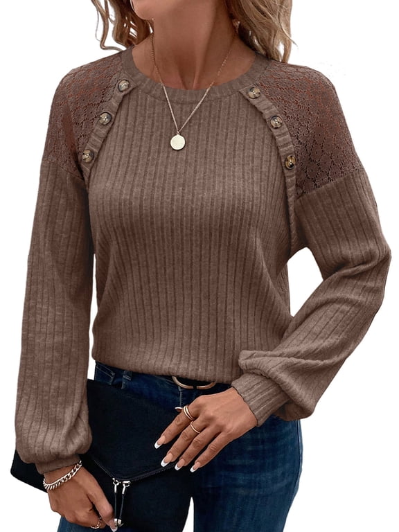 Womens Sweaters Casual Crew Neck Dressy Shirt Lace Patchwork Blouses Fall Sweaters for Women 2025 Lightweight Long Sleeve Loose Knit Pullover Tops Dark Khaki S