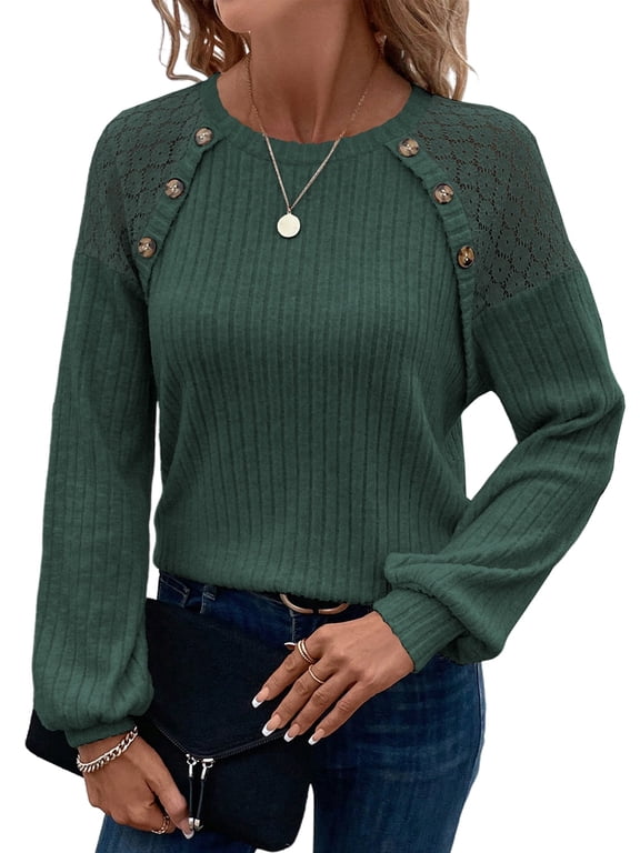 Women's Sweater Casual Long Sleeve Pullover Sweater Fall Tops for Women 2025 Lace Raglan Sleeve Button Blouses Lightweight Knit Tops Blackish Green L