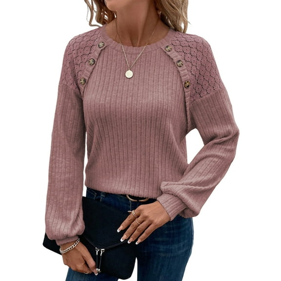 Eytino Womens Sweaters Lace Raglan Sleeve Button Blouses Fall Tops for Women 2025 Casual Crew Neck Long Sleeve Shirt Lightweight Knit Pullover Sweater Purple S