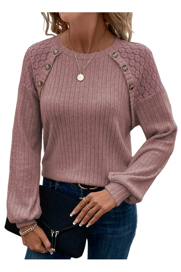 Sweaters for Women Lace Raglan Sleeve Button Blouses Casual Crew Neck Long Sleeve Shirt Fall Sweaters for Women 2025 Lightweight Knit Pullover Top Purple XL