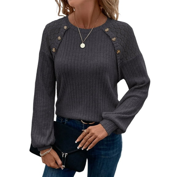 Eytino Sweater for Women 2025 Fall Tops Lace Raglan Sleeve Button Blouses Casual Crew Neck Long Sleeve Shirt Lightweight Knit Pullover Sweater Dark Grey 2XL
