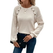 EYTINO Womens Pullover Sweaters Fall Sweaters for Women 2025 Lace Raglan Sleeve Button Blouses Casual Crew Neck Long Sleeve Shirt Lightweight Knit Tops Apricot M